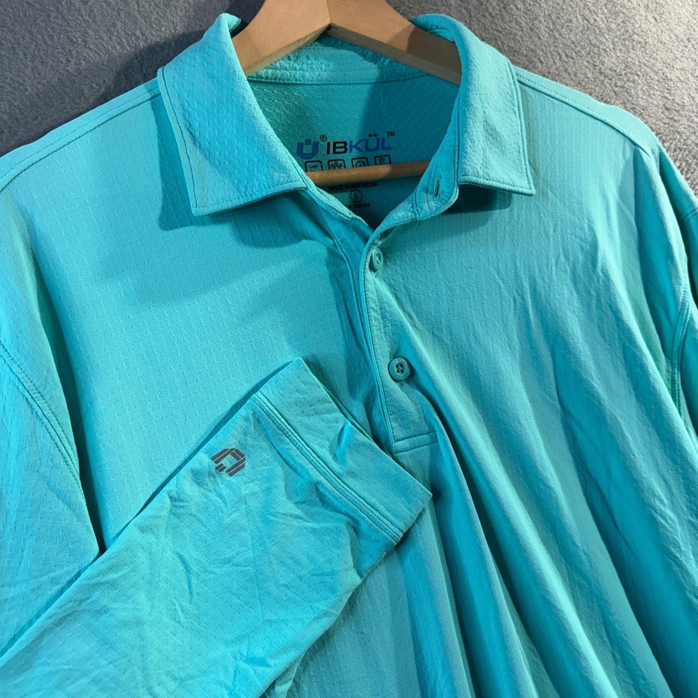 IBKUL Mens IceFil Long Sleeve Polo Shirt Turquoise Blue UPF 50+ Cooling Large